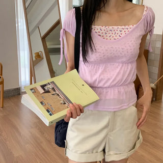 Shirred see-through top, summer see-through square neck, shirred ribbon short sleeve t-shirt, slim crop, lovely date look