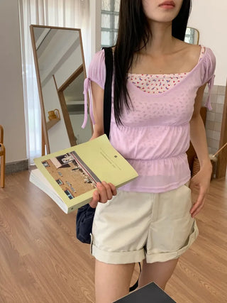 Shirred see-through top, summer see-through square neck, shirred ribbon short sleeve t-shirt, slim crop, lovely date look