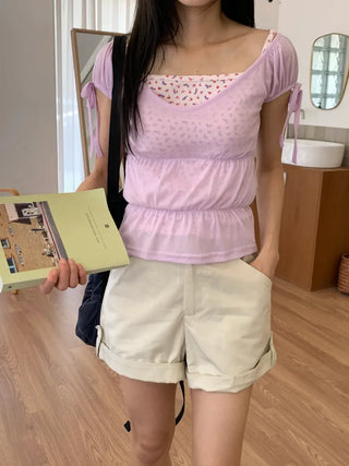 Shirred see-through top, summer see-through square neck, shirred ribbon short sleeve t-shirt, slim crop, lovely date look