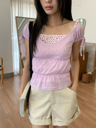 Shirred see-through top, summer see-through square neck, shirred ribbon short sleeve t-shirt, slim crop, lovely date look