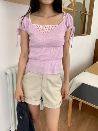 Shirred see-through top, summer see-through square neck, shirred ribbon short sleeve t-shirt, slim crop, lovely date look