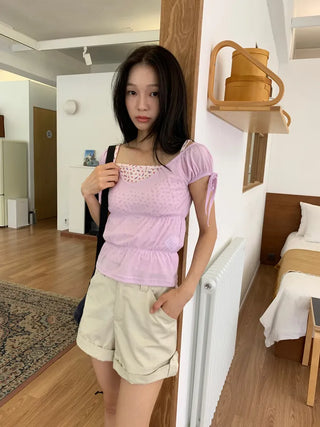 Shirred see-through top, summer see-through square neck, shirred ribbon short sleeve t-shirt, slim crop, lovely date look
