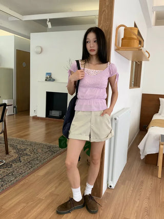 Shirred see-through top, summer see-through square neck, shirred ribbon short sleeve t-shirt, slim crop, lovely date look