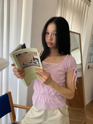 Shirred see-through top, summer see-through square neck, shirred ribbon short sleeve t-shirt, slim crop, lovely date look