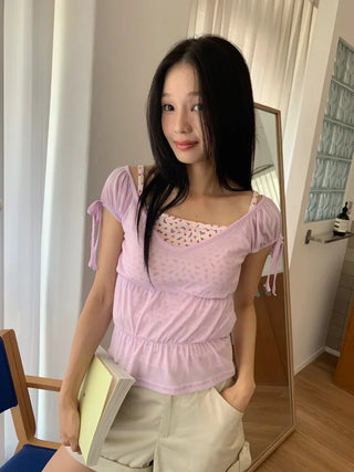 Shirred see-through top, summer see-through square neck, shirred ribbon short sleeve t-shirt, slim crop, lovely date look