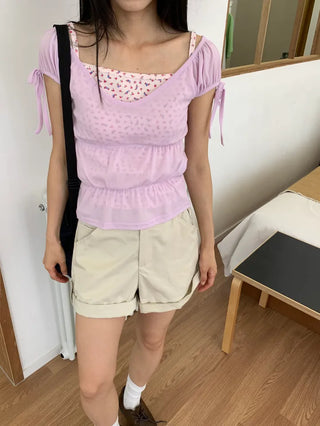 Shirred see-through top, summer see-through square neck, shirred ribbon short sleeve t-shirt, slim crop, lovely date look