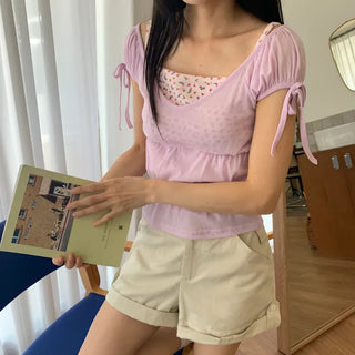 Shirred see-through top, summer see-through square neck, shirred ribbon short sleeve t-shirt, slim crop, lovely date look