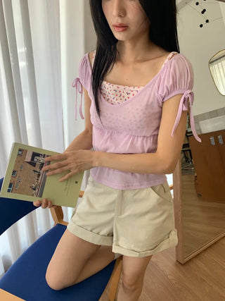 Shirred see-through top, summer see-through square neck, shirred ribbon short sleeve t-shirt, slim crop, lovely date look