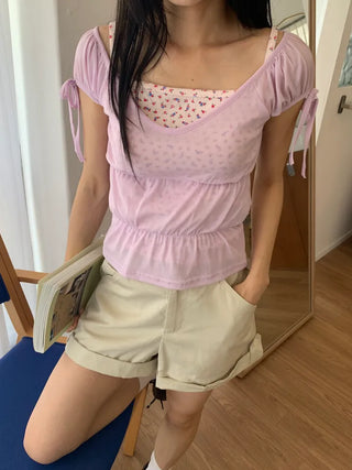 Shirred see-through top, summer see-through square neck, shirred ribbon short sleeve t-shirt, slim crop, lovely date look