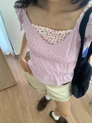 Shirred see-through top, summer see-through square neck, shirred ribbon short sleeve t-shirt, slim crop, lovely date look