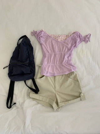 Shirred see-through top, summer see-through square neck, shirred ribbon short sleeve t-shirt, slim crop, lovely date look