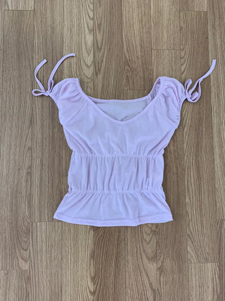 Shirred see-through top, summer see-through square neck, shirred ribbon short sleeve t-shirt, slim crop, lovely date look