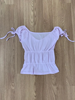 Shirred see-through top, summer see-through square neck, shirred ribbon short sleeve t-shirt, slim crop, lovely date look