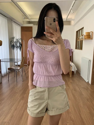 Shirred see-through top, summer see-through square neck, shirred ribbon short sleeve t-shirt, slim crop, lovely date look