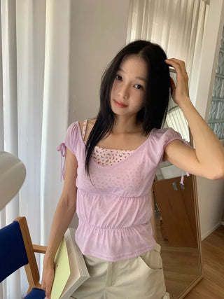 Shirred see-through top, summer see-through square neck, shirred ribbon short sleeve t-shirt, slim crop, lovely date look