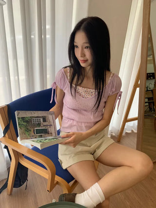 Shirred see-through top, summer see-through square neck, shirred ribbon short sleeve t-shirt, slim crop, lovely date look