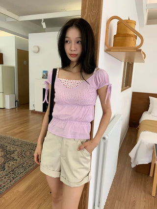 Shirred see-through top, summer see-through square neck, shirred ribbon short sleeve t-shirt, slim crop, lovely date look