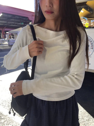 Women's boat neck white long-sleeve t-shirt