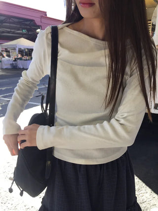 Women's boat neck white long-sleeve t-shirt