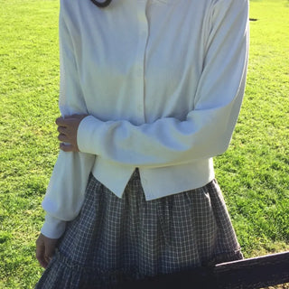 Cropped White Round Neck Knit Cardigan