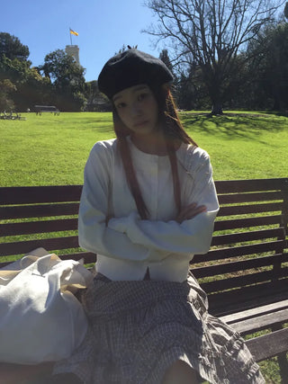 Cropped White Round Neck Knit Cardigan