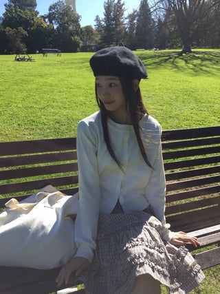 Cropped White Round Neck Knit Cardigan