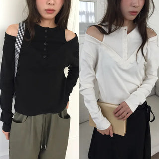 button detail off-shoulder black T-shirt