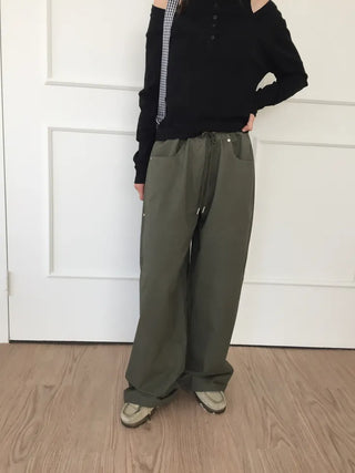 Women's Loose-Fit Wide-Leg Pants, Effortless Chic, Cargo Mood, String Pants