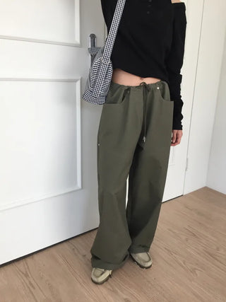 Women's Loose-Fit Wide-Leg Pants, Effortless Chic, Cargo Mood, String Pants