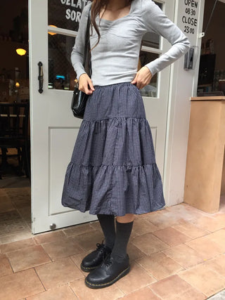 Small Check Flare Tiered Long Skirt