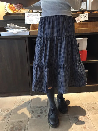 Small Check Flare Tiered Long Skirt