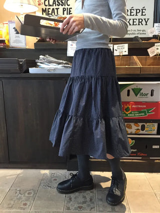 Small Check Flare Tiered Long Skirt