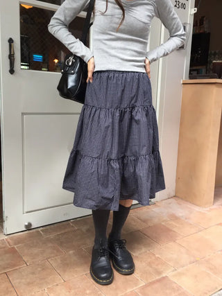 Small Check Flare Tiered Long Skirt