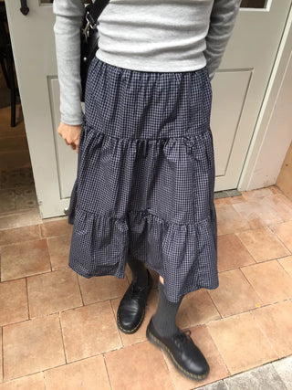 Small Check Flare Tiered Long Skirt