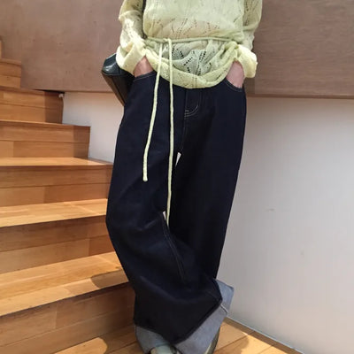 Dark Blue Wide Rolled-Up Denim Pants