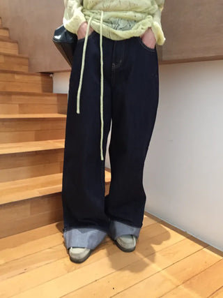 Dark Blue Wide Rolled-Up Denim Pants