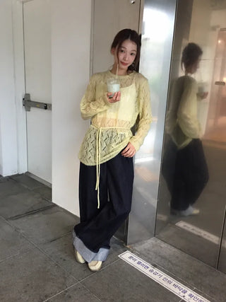 Dark Blue Wide Rolled-Up Denim Pants