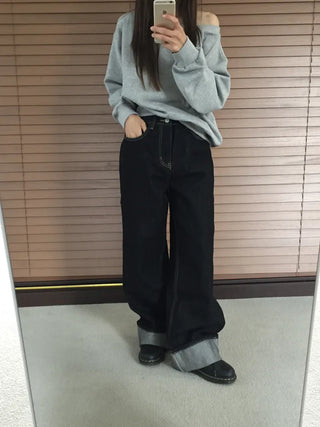 Dark Blue Wide Rolled-Up Denim Pants