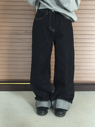 Dark Blue Wide Rolled-Up Denim Pants