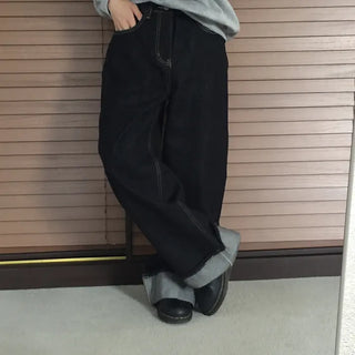 Dark Blue Wide Rolled-Up Denim Pants