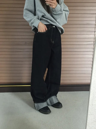 Dark Blue Wide Rolled-Up Denim Pants