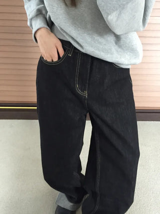 Dark Blue Wide Rolled-Up Denim Pants