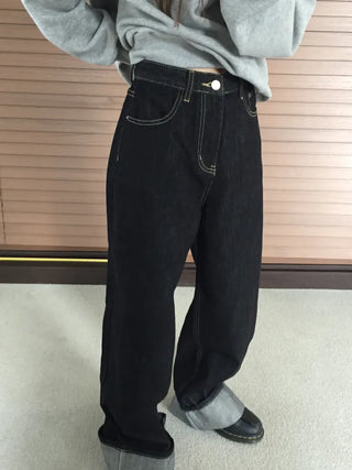 Dark Blue Wide Rolled-Up Denim Pants