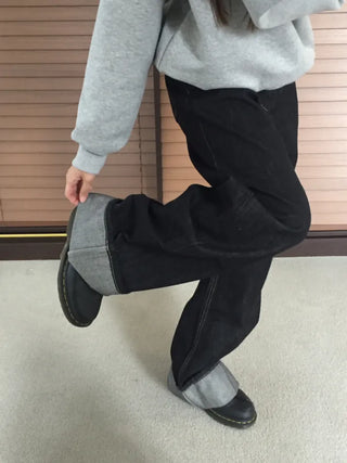 Dark Blue Wide Rolled-Up Denim Pants