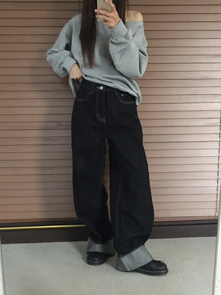 Dark Blue Wide Rolled-Up Denim Pants