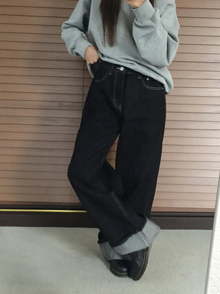 Dark Blue Wide Rolled-Up Denim Pants