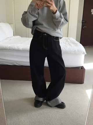 Dark Blue Wide Rolled-Up Denim Pants