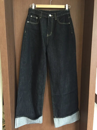 Dark Blue Wide Rolled-Up Denim Pants