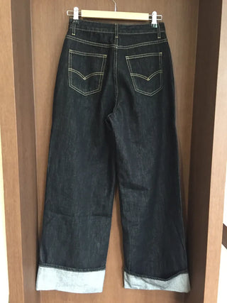 Dark Blue Wide Rolled-Up Denim Pants