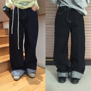 Dark Blue Wide Rolled-Up Denim Pants